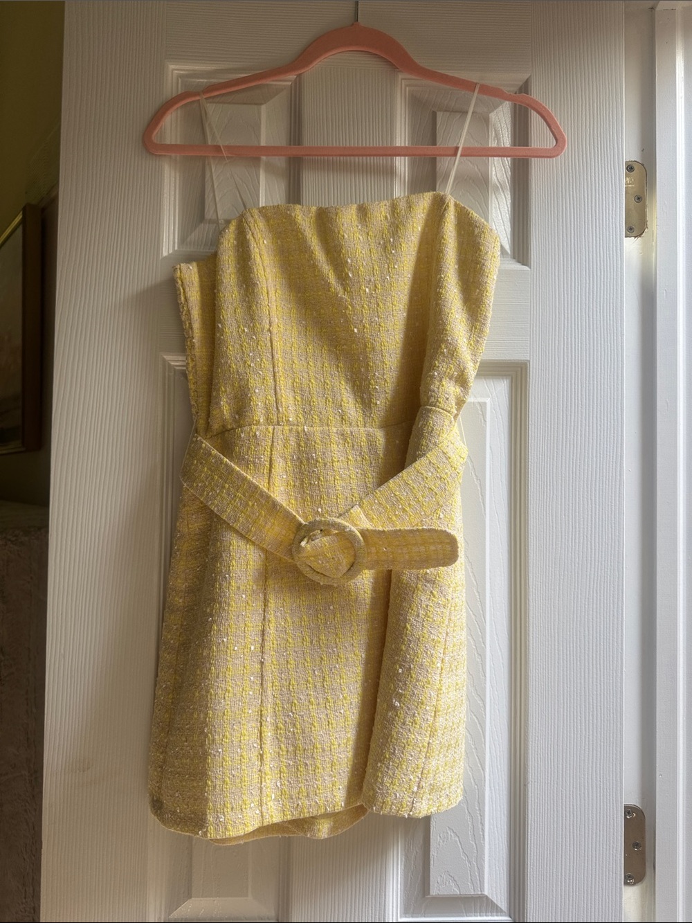 Revolve Fae Romper in Yellow Tweed Belted Strapless Mini Dress